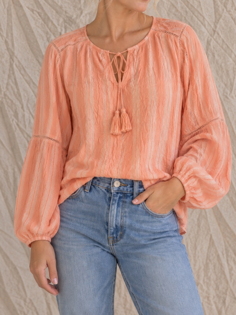 Ariat Peach Striped Peasant Blouse Lace Tassel Tie Top XXL